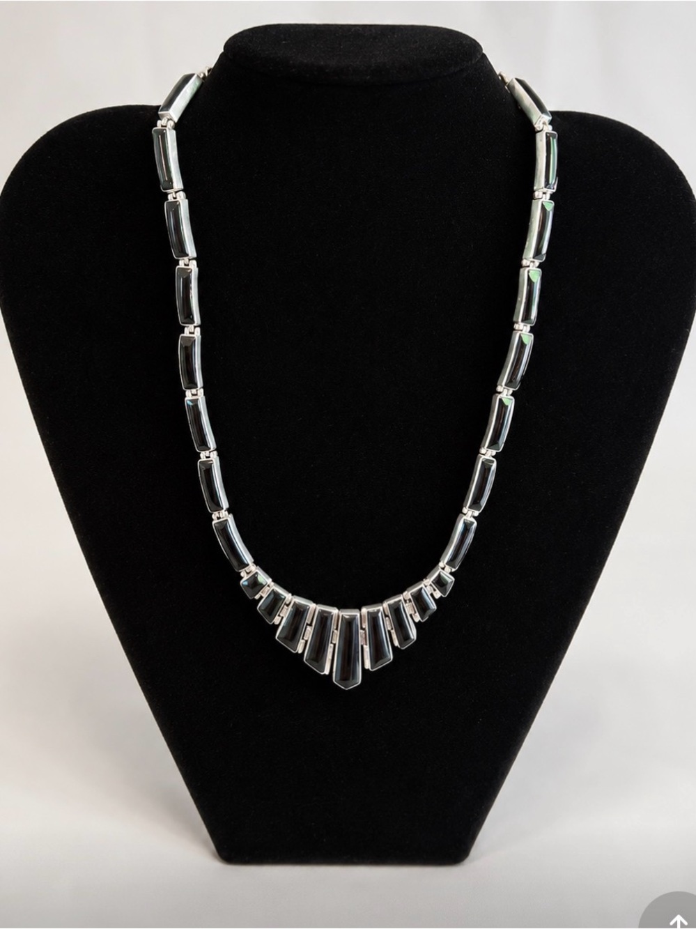 VTG Taxco Mexico 950 Sterling Silver Black Onyx Geometric Inlay Panel Necklace